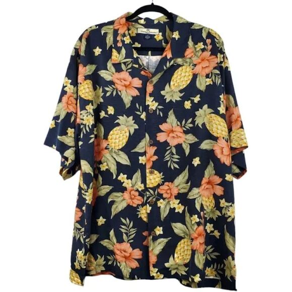 Tommy Bahama 100% Silk XL Pineapple Print Hawaiian Shirt Cruise Resortwear - Picture 1 of 6